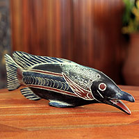 Wood sculpture, 'African Onyakele Fish' - Hand Made African Wood Fish Sculpture