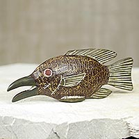 Wood sculpture, 'Snipefish' - Rustic Fish Sculpture Hand Carved of Wood in Ghana