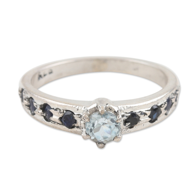 Sapphire and blue topaz cocktail ring, 'Sea Sparkles' - Sapphire and Blue Topaz Solitaire Ring