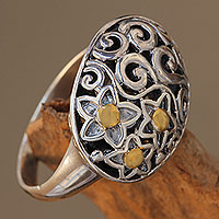 Gold accent sterling silver dome ring, 'Star Caress' - Fair Trade Silver Dome Ring with 18k Gold Accents