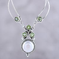 Cultured pearl and peridot pendant necklace, 'Radiant Princess' - Cultured Pearl and Peridot Pendant Necklace from India