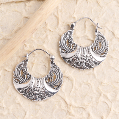 Sterling silver hoop earrings, 'Royal Flower' - Handcrafted Sterling Silver Hoop Earrings