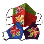 Hand painted rayon face masks, 'Island Plumeria' (set of 4) - 4 Hand Painted Plumeria on Balinese Batik 2-Layer Face Masks