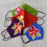 Hand painted rayon face masks, 'Island Plumeria' (set of 4) - 4 Hand Painted Plumeria on Balinese Batik 2-Layer Face Masks