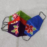 Hand painted rayon face masks, 'Island Plumeria' (set of 4) - 4 Hand Painted Plumeria on Balinese Batik 2-Layer Face Masks