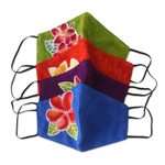 Hand painted rayon face masks, 'Island Plumeria' (set of 4) - 4 Hand Painted Plumeria on Balinese Batik 2-Layer Face Masks