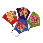 Hand painted rayon face masks, 'Island Plumeria' (set of 4) - 4 Hand Painted Plumeria on Balinese Batik 2-Layer Face Masks