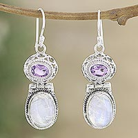 Rainbow moonstone and amethyst earrings, 'Magic and Mysticism' - Rainbow Moonstone and Amethyst Dangle Earrings