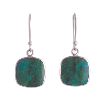 Chrysocolla dangle earrings, 'Window' - Square Chrysocolla Dangle Earrings from Peru