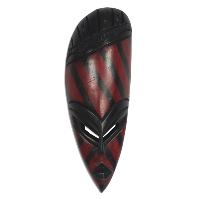 African wood mask, 'Ahoufe Stripes' - African Wood Mask with Red Stripes from Ghana