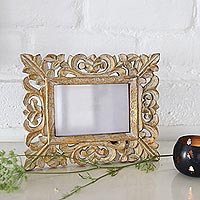 Wooden photo frame, 'Golden Leaves' (4x6) - 4x6 Hand-Carved Golden Mango Wood Ornate Photo Frame