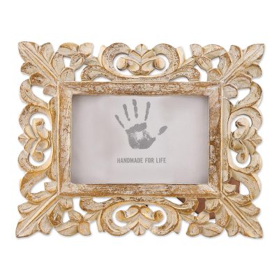 Wooden photo frame, 'Golden Leaves' (4x6) - 4x6 Hand-Carved Golden Mango Wood Ornate Photo Frame