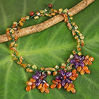 Carnelian and amethyst flower necklace, 'Lilac Geranium Trio' - Carnelian Beaded Necklace Hand Crafted with Amethyst Flowers