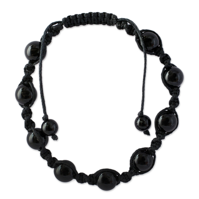 Onyx macrame bracelet, 'Blissful Protection' - Cotton Beaded Onyx Bracelet Protection Jewelry