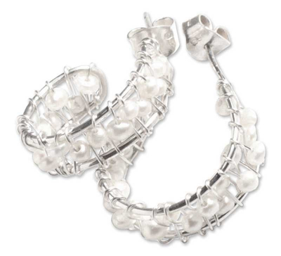 Pearl half hoop earrings, 'Inca Moon' - Pearl half hoop earrings