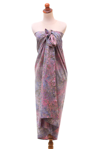 Rayon batik sarong, 'Happy Vine' - Vine Motif Hand-Stamped Batik Rayon Sarong from Bali
