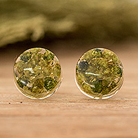 Natural flower button earrings, 'Eternal Bouquet in Green' - Green Flower in Clear Resin Button Earrings from Costa Rica