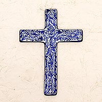 Ceramic cross, 'Blue Leaves' - Blue and Ivory Artisan Crafted Ceramic Mexican Wall Cross