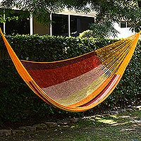 Cotton hammock, 'Tropical Paradise' (double) - Mexican Cotton Double Hammock in Burgundy Pink and Yellow
