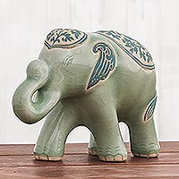 Celadon ceramic sculpture, 'Prestigious Elephant' - Celadon Ceramic Sculpture of an Elephant from Thailand