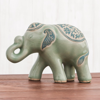 Celadon ceramic sculpture, 'Prestigious Elephant' - Celadon Ceramic Sculpture of an Elephant from Thailand