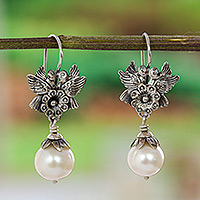 Cultured pearl dangle earrings, 'Purity of Love' - Flower and Bird-Themed Cultured Pearl Earrings from Mexico