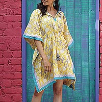Printed cotton caftan, 'Leaves in Sunshine' - Hand Crafted Printed Cotton Caftan from India