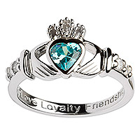 Sterling silver birthstone claddagh ring, 'March' - Rhodium-Plated Sterling Claddagh Ring with Purple CZ