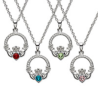 Sterling silver pendant necklace, 'Classic Claddagh' - Birthstone Crystal Irish Claddagh Pendant Necklace
