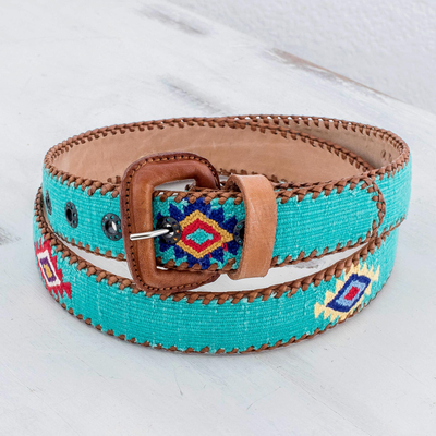 Leather and cotton belt, 'Diamond Stars in Turquoise' - Hand Loomed Cotton and Leather Belt