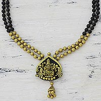 Ceramic pendant necklace, 'Beautiful Lakshmi' - Gold Tone and Black Ceramic Pendant Necklace of Lakshmi