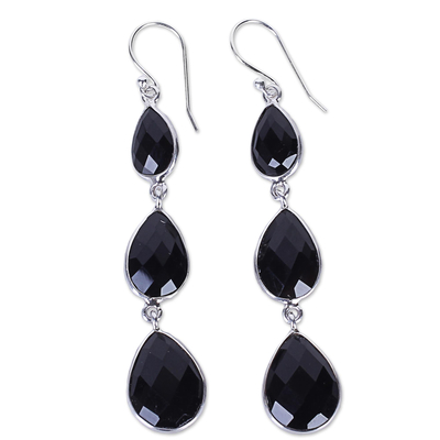 Onyx dangle earrings, 'Magical Elegance' - Triple Onyx Stone Dangle Earrings with Sterling Silver