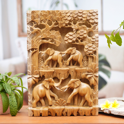 Wood relief panel, 'Jungle Romance' - Hand Carved Wood Relief Panel with Elephant Theme
