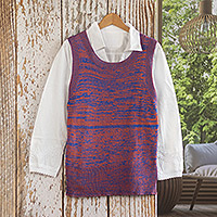 Chaleco suéter de mezcla de algodón, 'Opposites in Harmony' - Chaleco suéter de punto azul y naranja en algodón y rayón