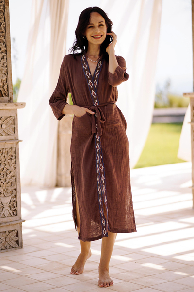 Cotton robe, 'Nature Relaxation' - Diamond Embroidered Cotton Robe in Chestnut from Thailand