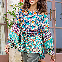 Embroidered viscose blouse, 'Blast From the Past' - Embroidered Viscose Blouse with Geometric Print