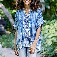 Hand-stamped cotton blouse, 'Ocean Spiral' - Hand-Stamped Cotton Blouse from Java