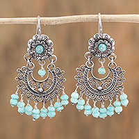 Amazonite chandelier earrings, 'Blooming Elegance' - Floral Amazonite Chandelier Earrings from Mexico