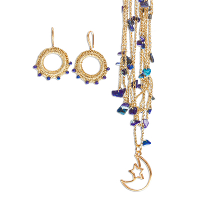 Gold plated lapis lazuli jewelry set, 'Celestial Blue' - Gold Plated Crocheted Jewelry Set with Lapis Lazuli