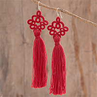 Hand-tatted dangle earrings, 'Antique Details in Red' - Hand-Tatted Red Dangle Earrings from Guatemala