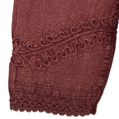 Cotton blouse, 'Lily of the Incas in Burgundy' - Embellished All-Cotton Blouse from Peru