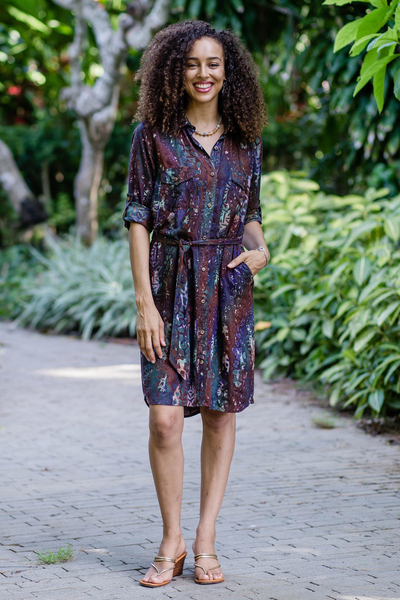 Batik rayon shirtdress, 'Chic Style' - Batik Rayon Collared Shirtdress from Bali