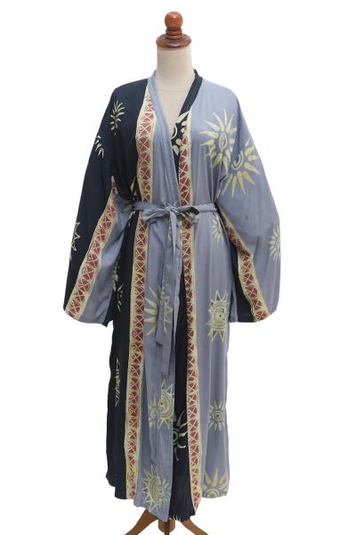 Hand-stamped batik rayon robe, 'Chakra Burst' - Belted Batik Rayon Robe from Bali