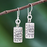 Silver dangle earrings, 'Walking Elephant' - Karen Hill Tribe Silver Elephant Motif Dangle Earrings
