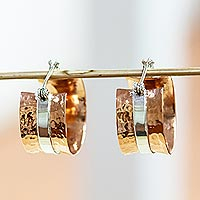 Copper and sterling silver hoop earrings, 'Olympus' - Handcrafted Copper Hoop Earrings with Sterling Silver
