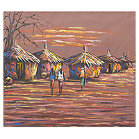 'Life in the Village Compound' - Obra de arte firmada de pintura de paisaje al atardecer de Ghana