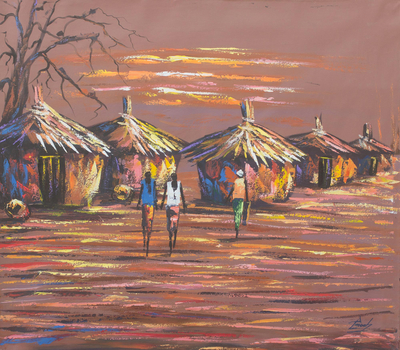 'Life in the Village Compound' - Pintura de paisaje al atardecer de Ghana, obra de arte firmada