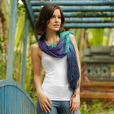 Silk scarf, 'Cool Transition' - Blue Green Purple Silk Scarf