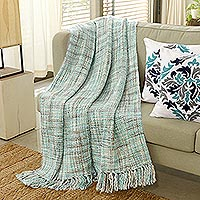 Throw blanket, 'Mint Beauty' - Pastel Green Throw Blanket with Fringes from India