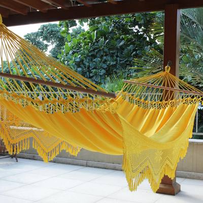 Cotton hammock with spreader bars, 'Tropical Yellow' (single) - Cotton Hammock with Crocheted Fringe Spreader Bar (Single)